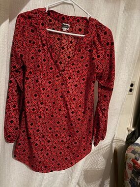 Mud Pie Red and Black Geometric Long Sleeve Blouse Size S